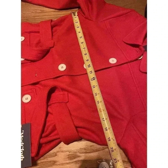 MODCLOTH Wool Coat L Red NWT Peacoat Tie Front Trench Long White Buttons Women’s - Picture 5 of 9